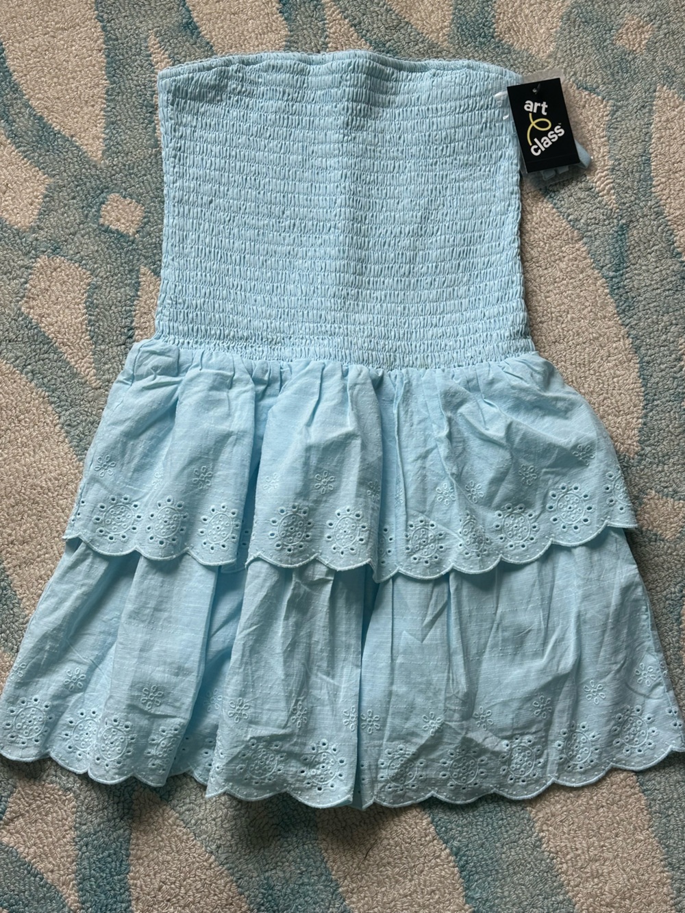 NWT Light Blue Eyelet Smocked top strapless dress